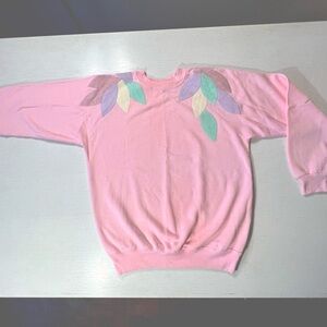 🩷 French Pastel Pink Sweatshirt Lavender, Green & Cream Suade Leaves sz L. Hanes